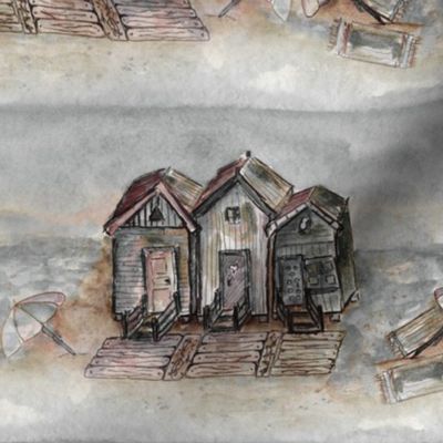 BEACH HUTS  VINTAGE BROWN SEPIA GRAY WATERCOLOR AND INK
