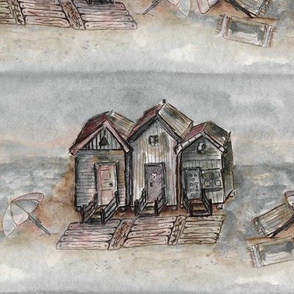 BEACH HUTS  VINTAGE BROWN SEPIA GRAY WATERCOLOR AND INK