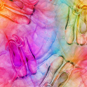 large BALLET SHOES TULLE AND ORGANZA BRIGHT RAINBOW on PASTEL FLORAL watercolor