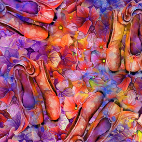 large BALLET SHOES ON A FLOWER BED RAINBOW sunset PURPLE ORANGE RED watercolor