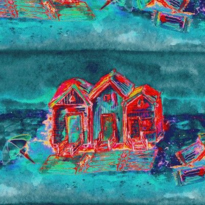 BEACH HUTS CARRIBEAN TURQUOISE TEAL RED ULTRAMARINE WATERCOLOR AND INK