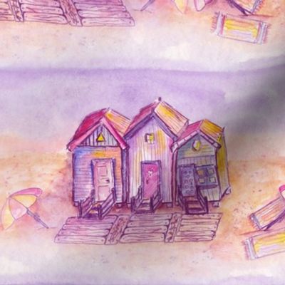BEACH HUTS VINTAGE PURPLE OCHER BRICK CORAL WATERCOLOR AND INK