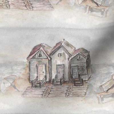 BEACH HUTS VINTAGE SEPIA GRAY BEIGE WATERCOLOR AND INK