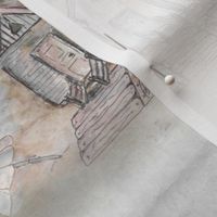 BEACH HUTS VINTAGE SEPIA GRAY BEIGE WATERCOLOR AND INK