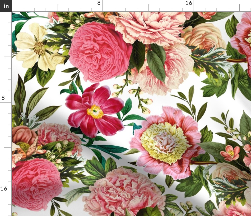 18" Pierre-Joseph-Redoute Roses and Peonies bouquets, english rose fabric, fabric on white