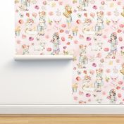10"  Farm Girls Flowers Animals on pink blush watercolor background