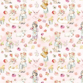 10"  Farm Girls Flowers Animals on pink blush watercolor background