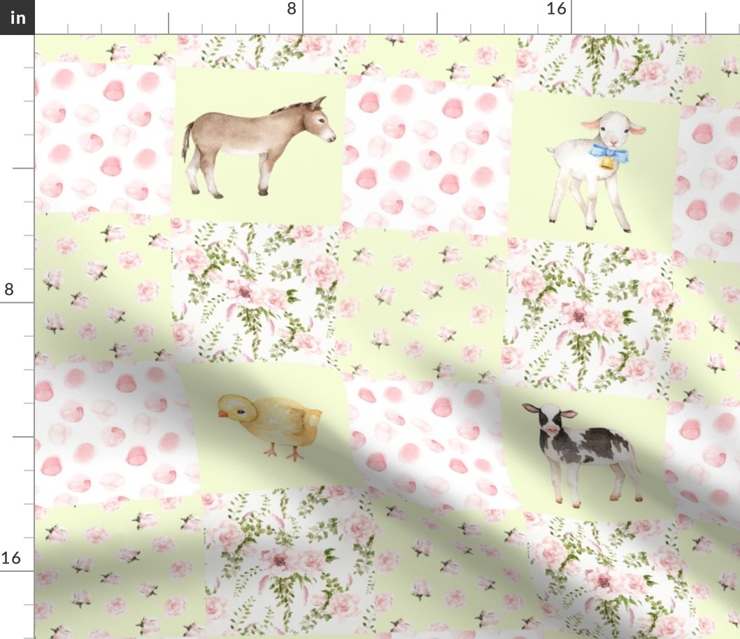 18" Spring Florals Mix with Little Animals on Farm on  green