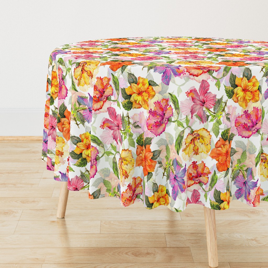 18" Tropical hand drawn colorful hibiscus flowers, hibiscus fabric,