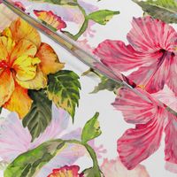 18" Tropical hand drawn colorful hibiscus flowers, hibiscus fabric,