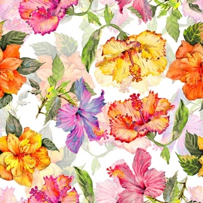 18" Tropical hand drawn colorful hibiscus flowers, hibiscus fabric,