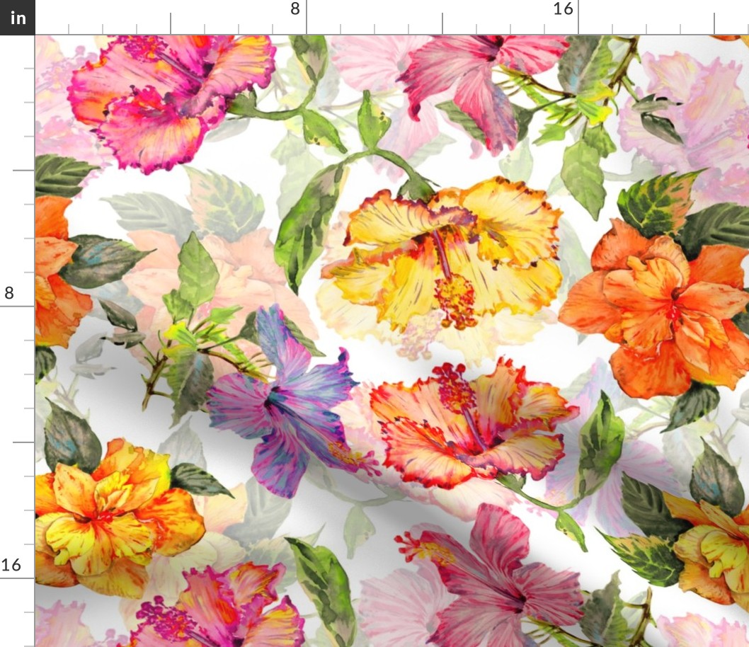 18" Tropical hand drawn colorful hibiscus flowers, hibiscus fabric,