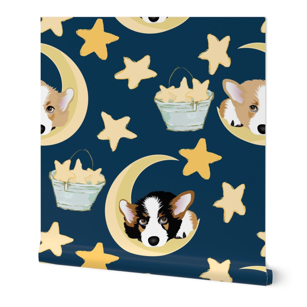 4" cute black and tan welsh cardigan corgi sleeping on the moon and stars adorable painted corgis design corgi lovers will adore this lovely fabric