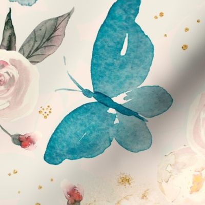 Teal moths and peach watercolor roses with glitter