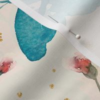 Teal moths and peach watercolor roses with glitter