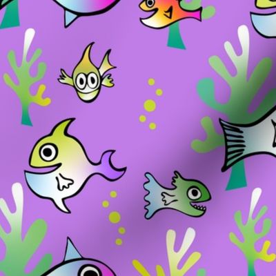 Watercolor Funny Fish on Purple