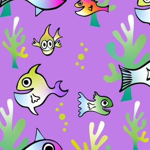 Watercolor Funny Fish on Purple