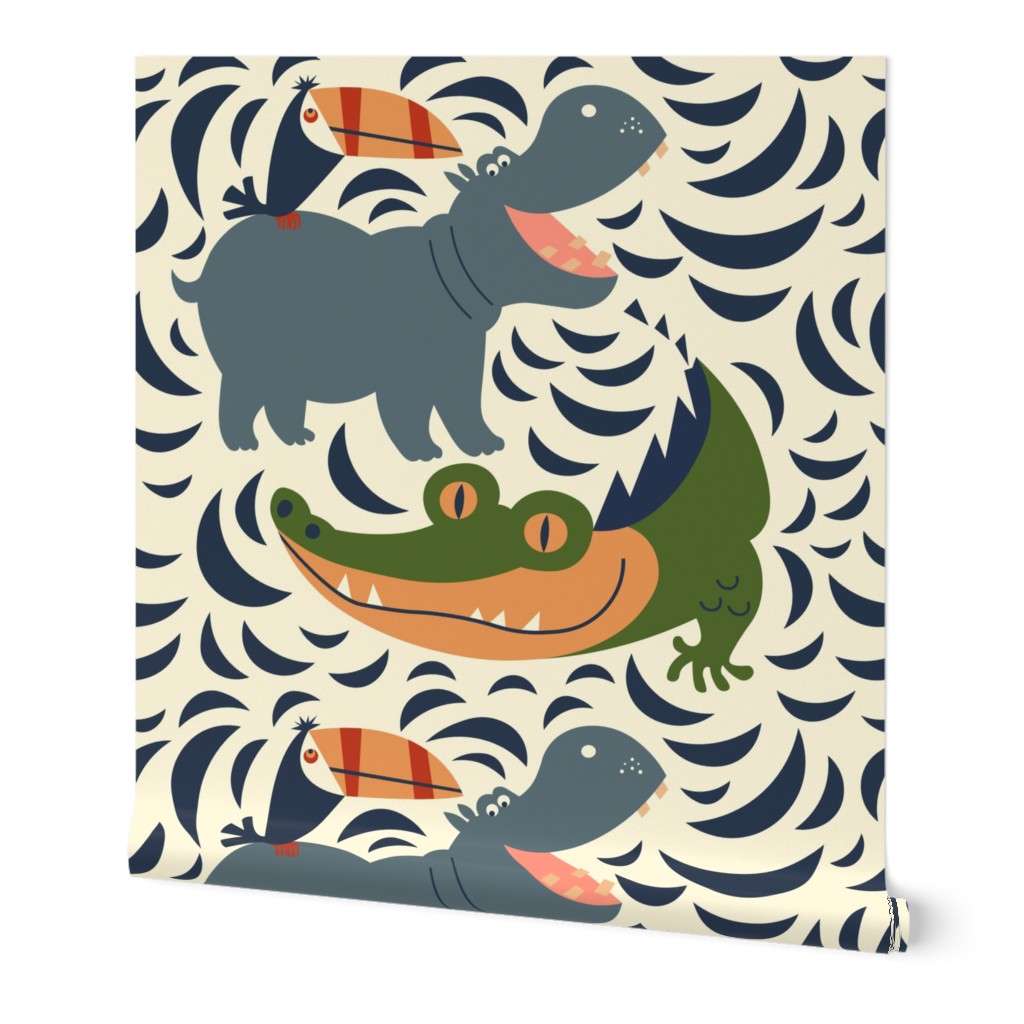 Hippo Hive // Alligator, Hippo & Toucan // Cornsilk Colorway // Cute Animals // Funny Kids // Playroom // Huge Scale Fabric
