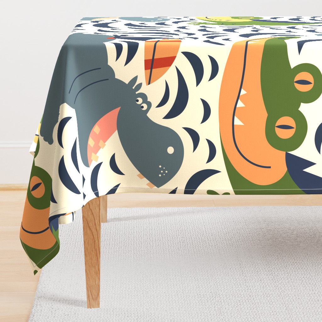 Hippo Hive // Alligator, Hippo & Toucan // Cornsilk Colorway // Cute Animals // Funny Kids // Playroom // Huge Scale Fabric