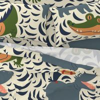 Hippo Hive // Alligator, Hippo & Toucan // Cornsilk Colorway // Cute Animals // Funny Kids // Playroom // Huge Scale Fabric