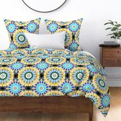 Large scale pattern in blue and yellow tones round ornament