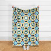 Large scale pattern in blue and yellow tones round ornament