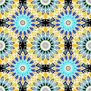 Large scale pattern in blue and yellow tones round ornament