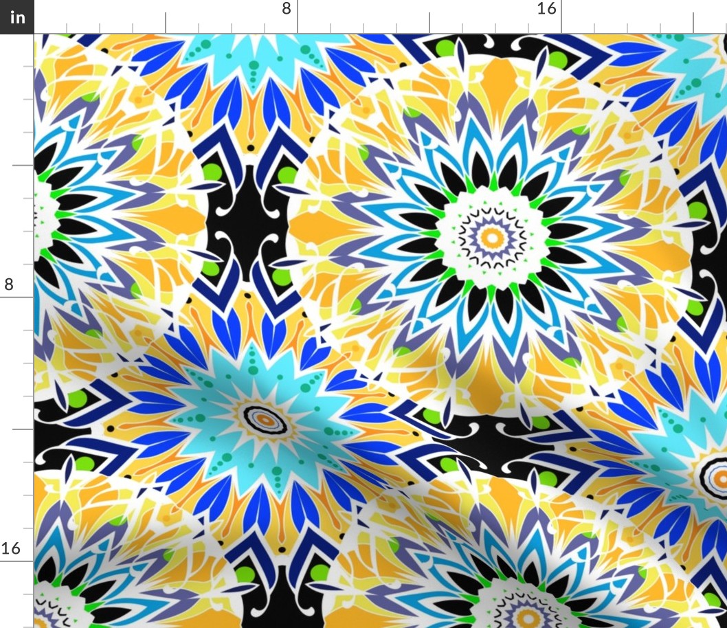 Large scale pattern in blue and yellow tones round ornament