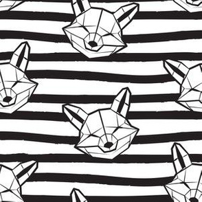 Small scale // Friendly Geometric Foxes // monochromatic striped black and white lines background with geometric fox animal