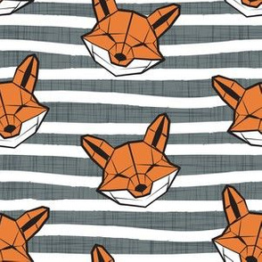Small scale // Friendly Geometric Foxes // striped white and green linen texture background white and orange geometric fox animal