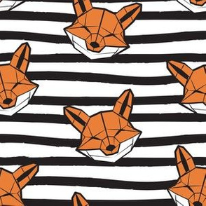 Small scale // Friendly Geometric Foxes // striped black and white lines background white and orange geometric fox animal