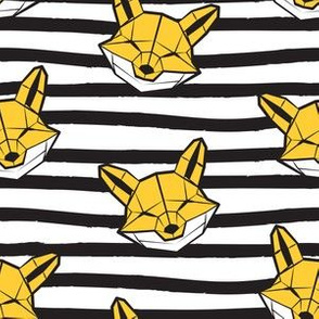 Small scale // Friendly Geometric Foxes // striped black and white lines background white and yellow geometric fox animal