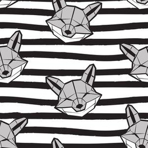 Small scale // Friendly Geometric Foxes // striped black and white lines background white and grey blue geometric fox animal