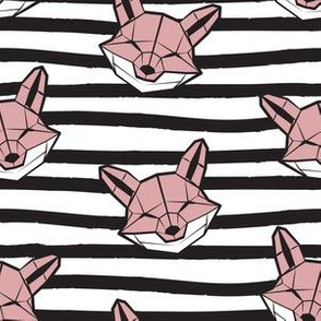 Small scale // Friendly Geometric Foxes // striped black and white lines background white and pink blush fox animal