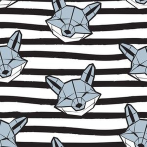 Small scale // Friendly Geometric Foxes // striped black and white lines background white and pastel blue geometric fox animal