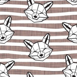 Small scale // Friendly Geometric Foxes // striped white and brown taupe linen texture background black and white geometric fox animal