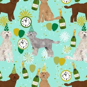 golden doodle dog fabric - dog pattern fabric, nye, new years eve, new years fabric - mint
