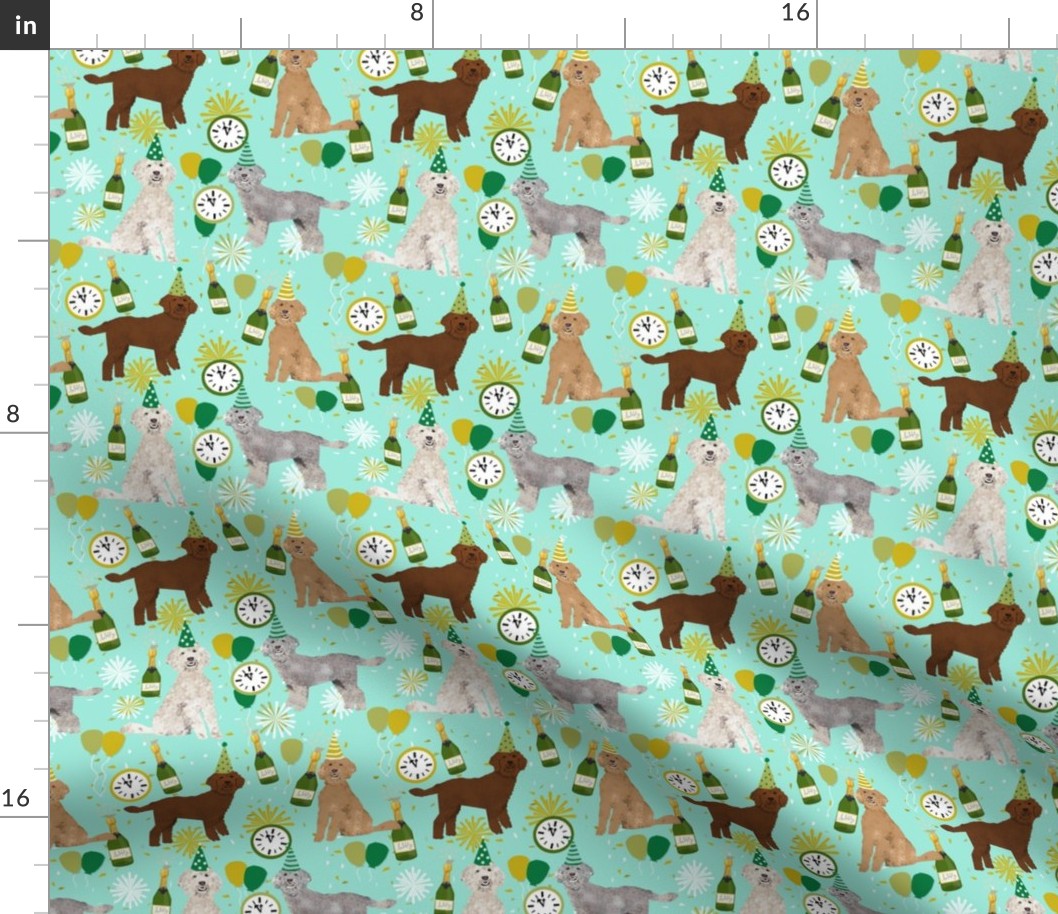 golden doodle dog fabric - dog pattern fabric, nye, new years eve, new years fabric - mint