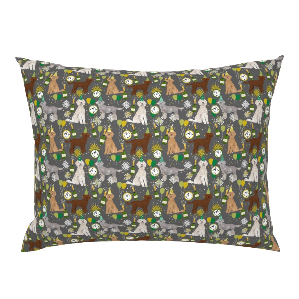 golden doodle dog fabric - dog pattern fabric, nye, new years eve, new years fabric - grey