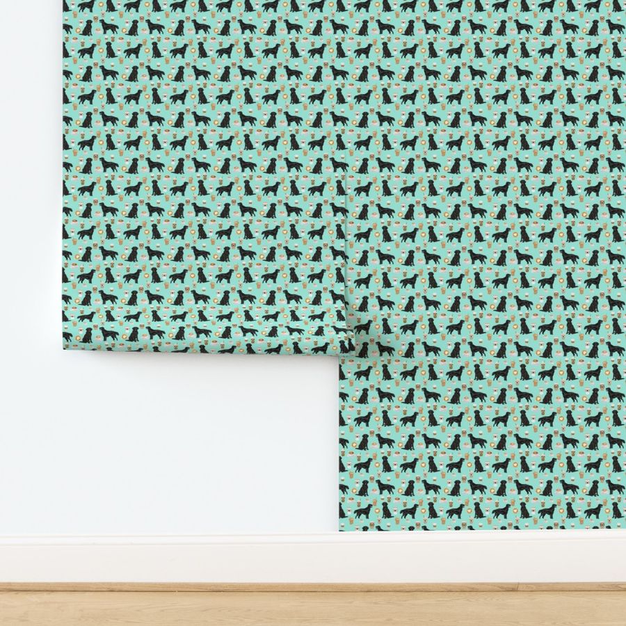 flat coated retriever coffee pattern fabric - dog fabric, dogs fabric, cute dog, flat coated retriever dog -  mint