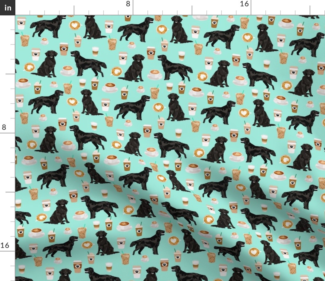 flat coated retriever coffee pattern fabric - dog fabric, dogs fabric, cute dog, flat coated retriever dog -  mint
