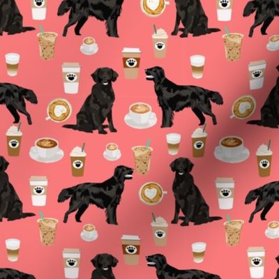 flat coated retriever coffee pattern fabric - dog fabric, dogs fabric, cute dog, flat coated retriever dog -  salmon