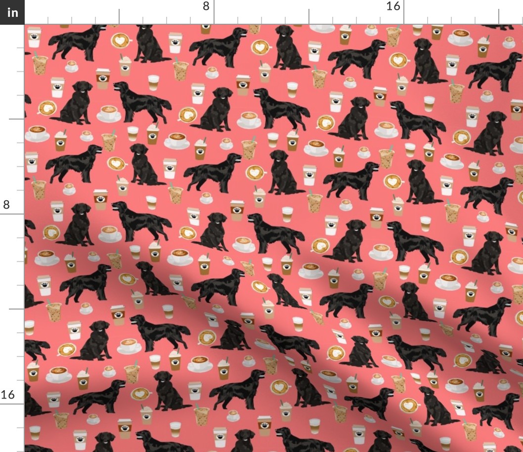 flat coated retriever coffee pattern fabric - dog fabric, dogs fabric, cute dog, flat coated retriever dog -  salmon