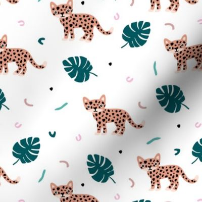 Dots and cats botanical night jungle baby tiger wild cat panther pink green