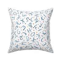 Blue hand-drawn alphabet letters with dots on white