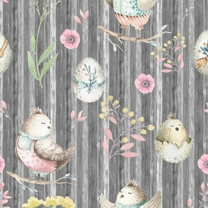 small EASTER BIRDS AND EGGS ON WOOD GREY GRAY FLWRHT
