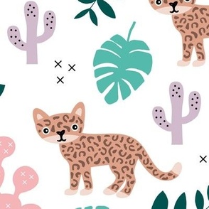 Kids colorful jaguar wildcat jungle botanical leaves cactus and monstera tiger animals girls LARGE
