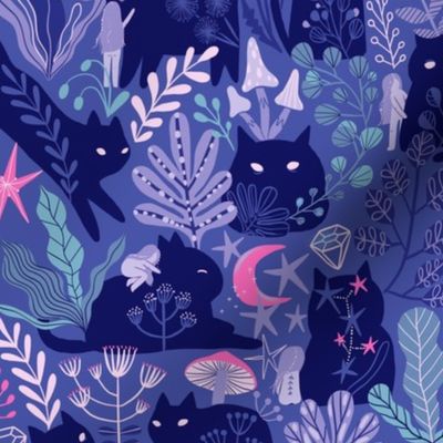 Cute cats and girl. violet forest with plants, berries and flowers
