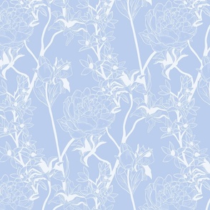 18" Sweet summer blue vintage roses and lilies, roses fabric, english blue country, blue and white fabric