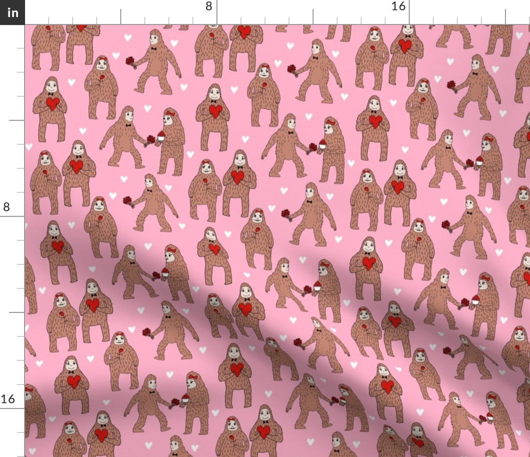 bigfoot valentines day pattern fabric - cute valentines fabric, funny valentines fabric, andrea lauren design -  pink and red